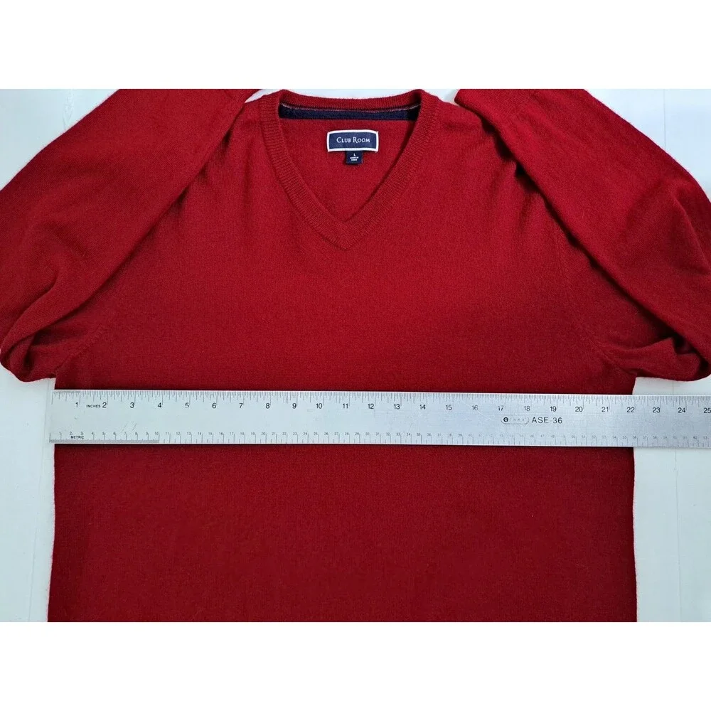 Club Room Men's Large Merino Wool V Neck Sweater Red Cabin Core Soft